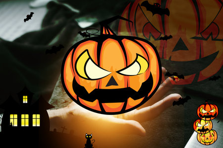 Relaxing day at home with Halloween cartoons Devil's Pumpkin and Castle Everywhere in the house : Concept Halloween festival and house activitiesの写真素材