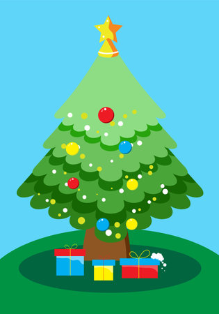 Christmas tree at the festival The brown tree green leaves have a gift box under the tree. And the yellow star on the tree : Vectorのイラスト素材