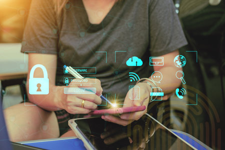 Concept : Cybersecurity Global network security technology,  protect personal information....