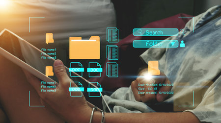 Concept : Document management system , folder and document icon software, searching and managing...