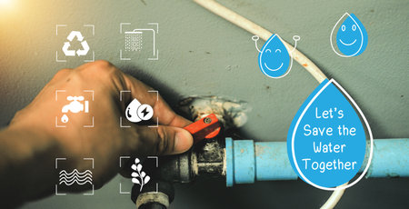 Water saving concept : Water drop icon and message help save water for the future. Water is life, the source of everything around us.の写真素材
