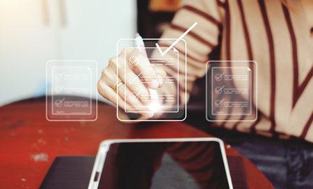 Electronic Signature Concept : Electronic Signing of Digital Documents on Virtual Laptop Screen