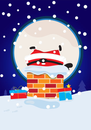 Santa Claus vector illustration character and Merry Christmas greeting in blue background banner.Santa Claus is entering the smokestack on a snowy day.のイラスト素材
