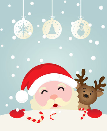 vector illustration character santa claus and merry christmas greeting in banner Santa Claus is emerging from a pile of snow, deer in the background and a Christmas ball at the top.