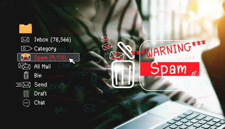 The concept of e-mail and computer viruses. Review the concepts of internet security, spam and e-marketing on screen. Spam email pop-up warnings.の写真素材
