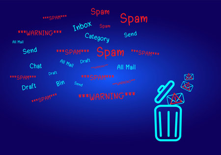 The concept of e-mail and computer viruses. Review the concepts of internet security, spam and e-marketing on screen. Spam email pop-up warnings.のイラスト素材