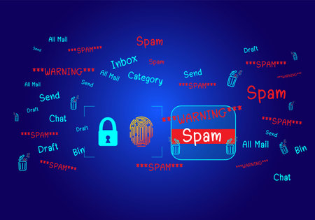 The concept of e-mail and computer viruses. Review the concepts of internet security, spam and e-marketing on screen. Spam email pop-up warnings.のイラスト素材
