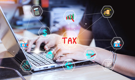 Concept of taxes paid by individuals and corporations such as VAT, income tax and property tax Data analysis, paperwork,Financial research. Background for your business.の写真素材