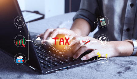 Concept of taxes paid by individuals and corporations such as VAT, income tax and property tax Data...
