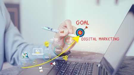 Concept of digital marketing materials Advertise your website, email, social network, SEO, video, mobile app with icons and analyze ROI and strategy.の写真素材