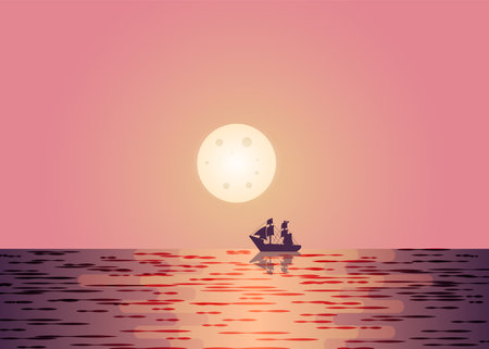 Beautiful sea background landscape at dusk light pink-orange tone There was a sailboat sailing in the middle of the sea in front of the full moon.のイラスト素材