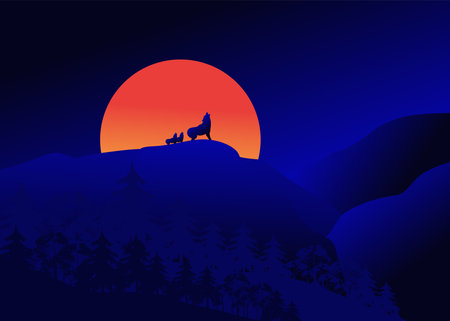 beautiful mountain background landscape during night time with a wolf howling in front of the full moonのイラスト素材