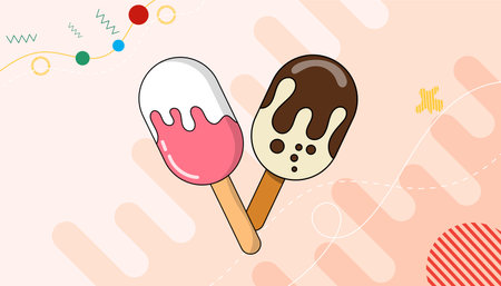 Chocolate ice cream with strawberry sticks holding on pink background sweet ice cream background vector illustrationのイラスト素材