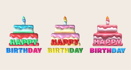 3d illustration. happy birthday word icon and cake