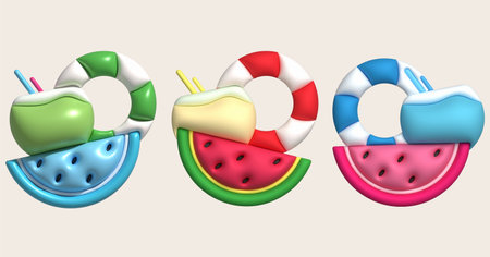 3D illustration. Watermelon set. Coconut. Swimming ring. In summer.