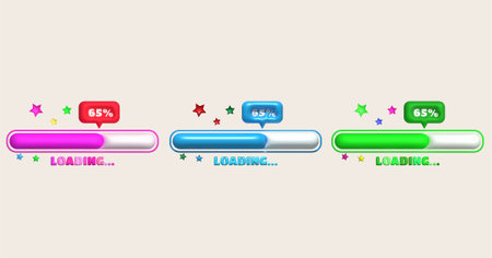 Loading bar and progress visualization 65 percent Loading Status Collection Web design elements. 3d...
