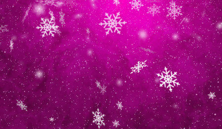3D winter snow flakes particles falling on pink gradient background.の写真素材