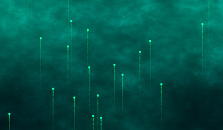 3D abstract digital technology green particles on red background.の写真素材