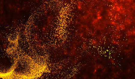 Burning orange sparks rise from fire ,Fire Particles on red gradient background.の素材
