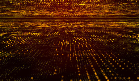 3D abstract digital technology orange particles network on red background.