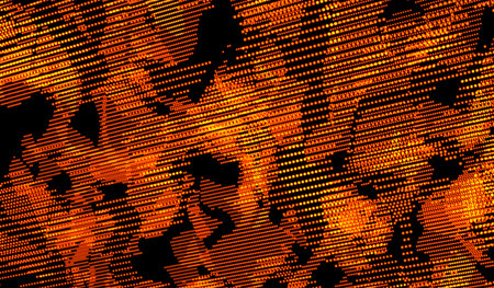 3D abstract digital technology orange particles wave on red background.