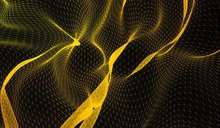 3D abstract digital technology yellow-orange particles network wave on black background.の写真素材