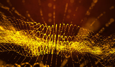 3D abstract digital technology yellow-orange particles network wave on red background.