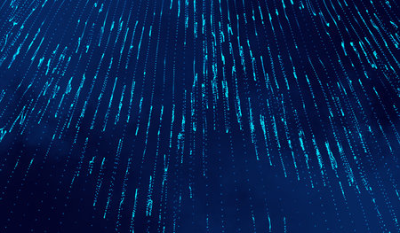 3D abstract digital technology blue light particles network wave on blue background.