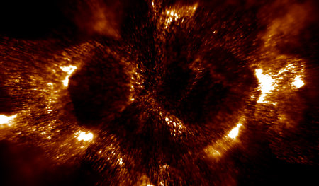 3D abstract digital technology particles fragmentation and mixing of orange on black background.