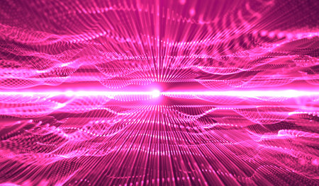 3D abstract digital technology pink light particles network on pink background.