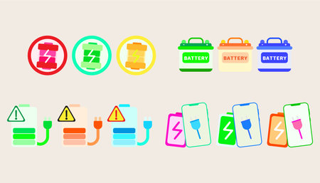 Collection illustration Battery power and charging minimal style icon .Set Battery charge level display.のイラスト素材
