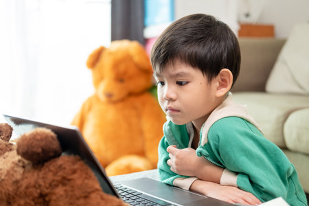 Asian boy studying online and doing activities on laptopの写真素材