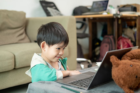 Asian boy studying online and doing activities on laptopの写真素材