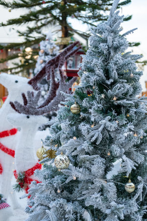 close up of balls on christmas tree on blurred background. New Year concept.の写真素材