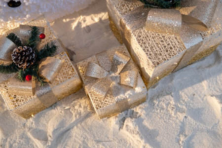 Christmas elements, gifts, fir branches, red decorations on white background. Christmas concept, winter, new yearの写真素材