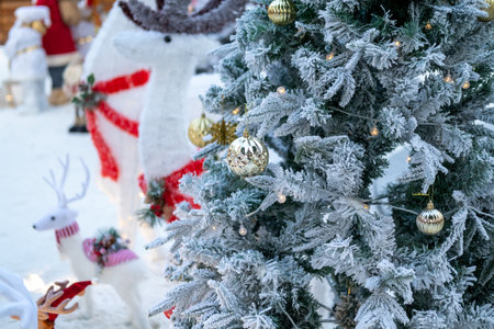 close up of balls on christmas tree on blurred background. New Year concept.の写真素材