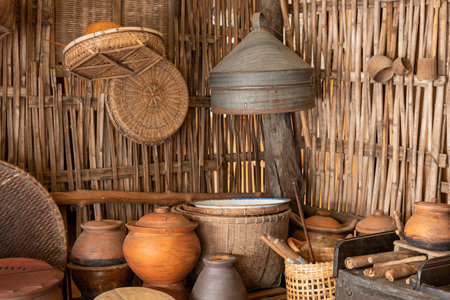 A wide variety of kitchen utensils for traditional Asian cooking.の写真素材