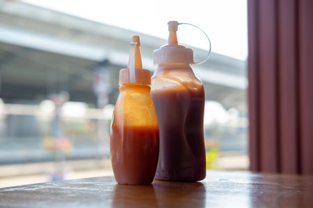 A bottle of breakfast sauce sits on the table.の写真素材