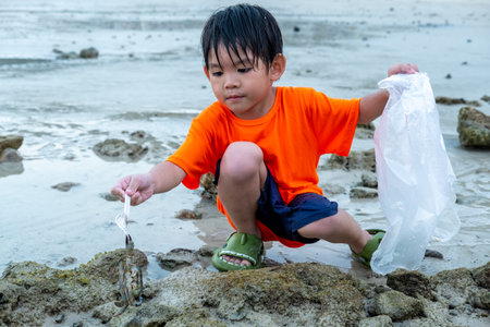 Little Asian boy catches crabs on the sea beachの写真素材