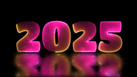 Looping neon glow effect 2025 new year icons, black background.