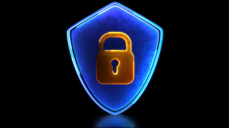 Looping neon glow effect Security protection padlock and shield icon, black background