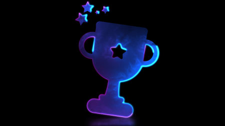 Looping neon glow effect Champion trophy icon, black background