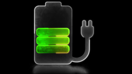 Looping neon glow effect battery charging icon Low battery warning, black background