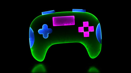 Glowing looping icon video game joy neon effect, black background.