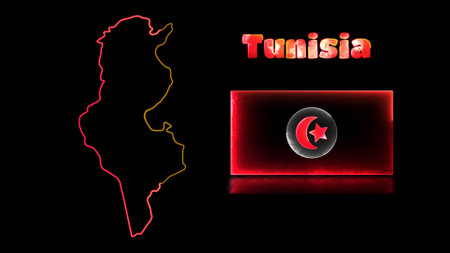 Looping neon glow effect icons, national flag of Tunisia and map, black backgroundの写真素材