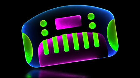 Glowing looping icon musical keyboard neon effect, black background.