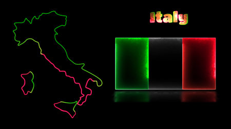 Looping neon glow effect icons, national flag of Italy and map, black backgroundの写真素材