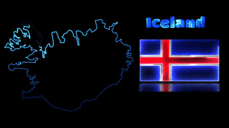 Looping neon glow effect icons, national flag of Iceland and map, black backgroundの写真素材