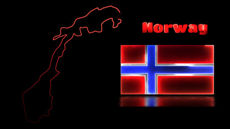Looping neon glow effect icons, national flag of Norway and map, black backgroundの写真素材