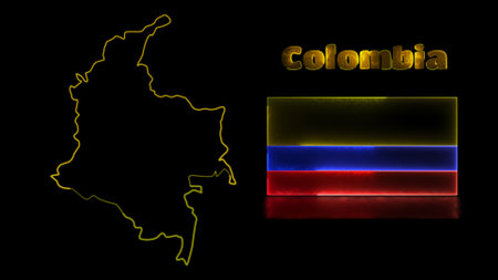 Looping neon glow effect icons, national flag of Colombia and map, black backgroundの写真素材